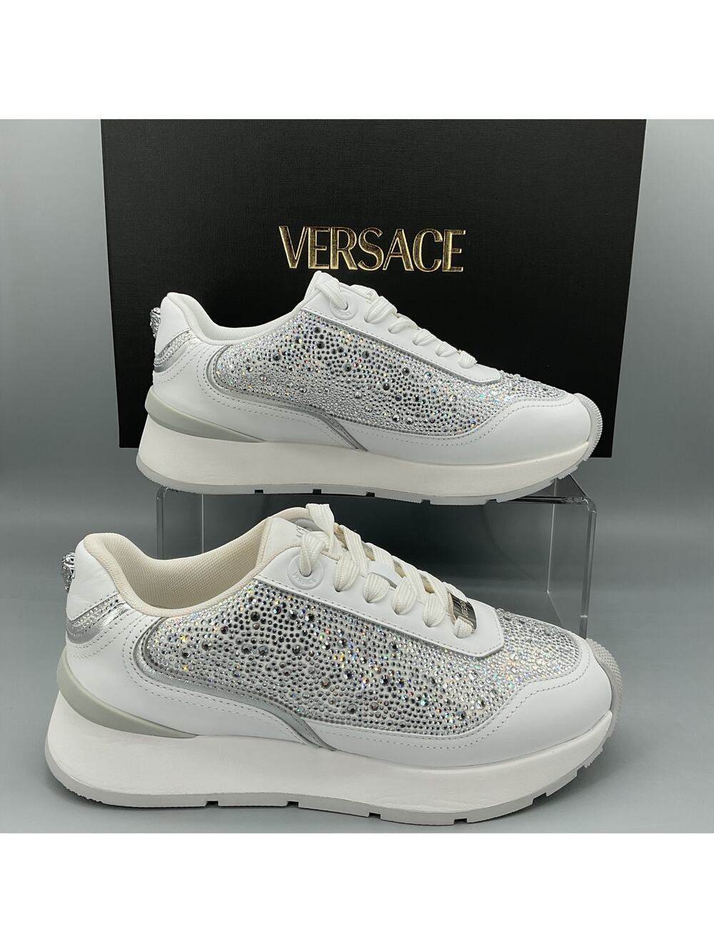 NEW Versace Women’s Crystal Embellished Sneakers White Size US 6/EU 36